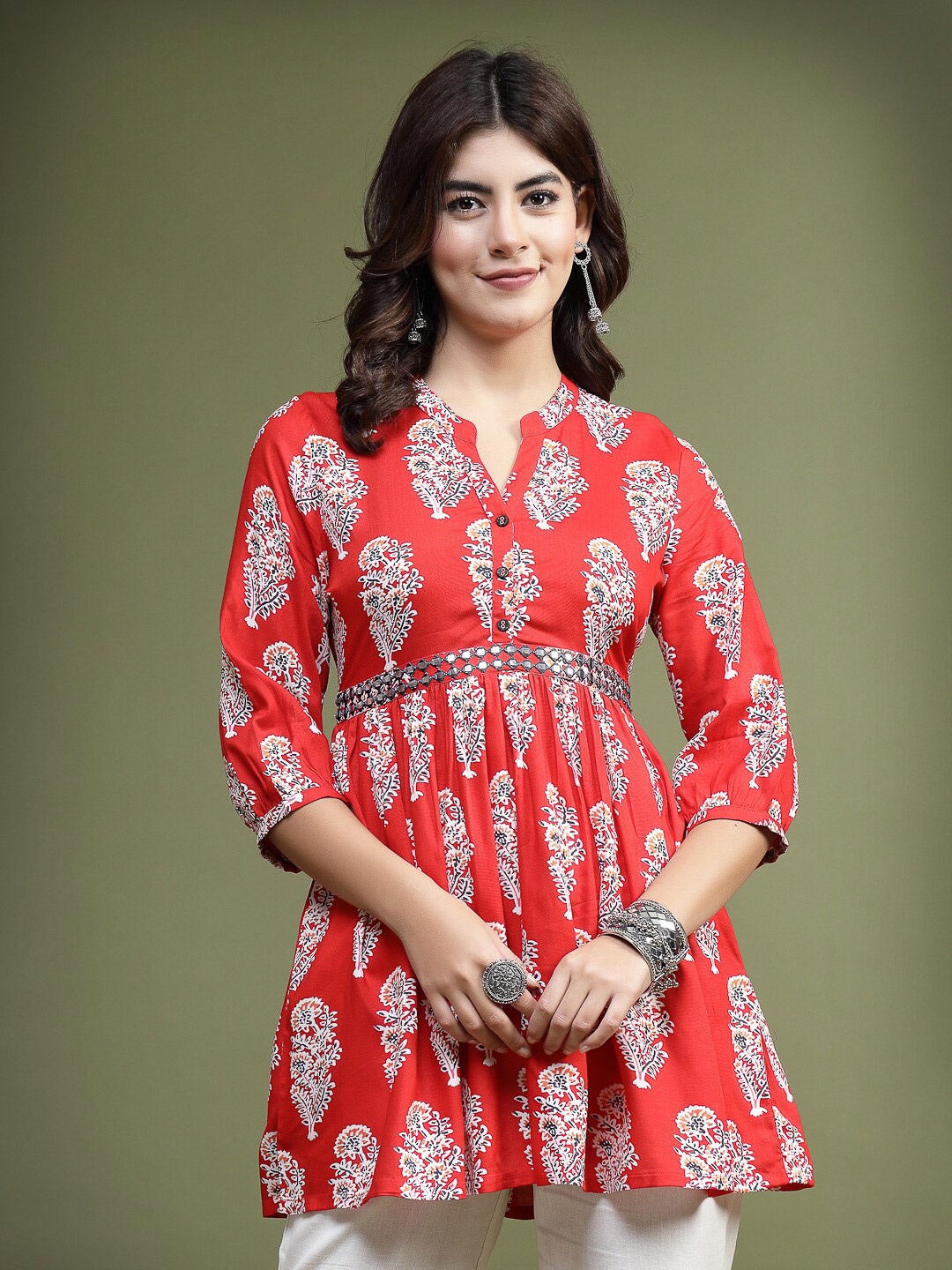 

Ramas Ethnic Motifs Printed Mandarin Collar Mirror Work A-Line Top, Red