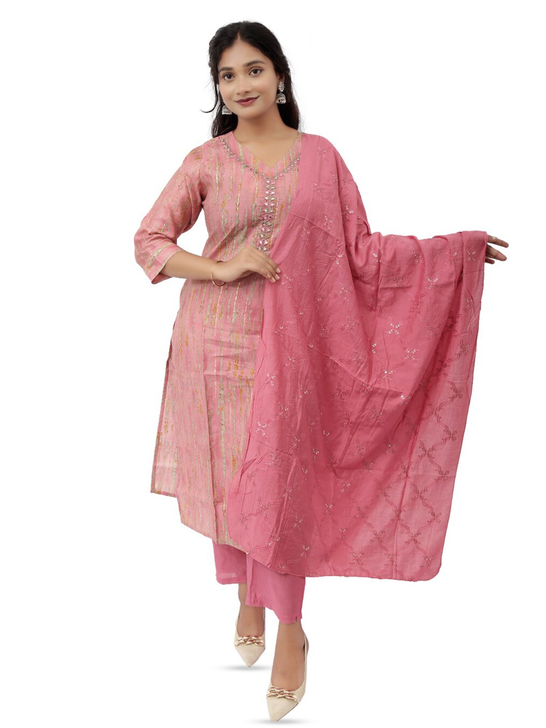 

PUSHKARA Printed Pure Cotton Kurta & Trousers With Dupatta, Pink