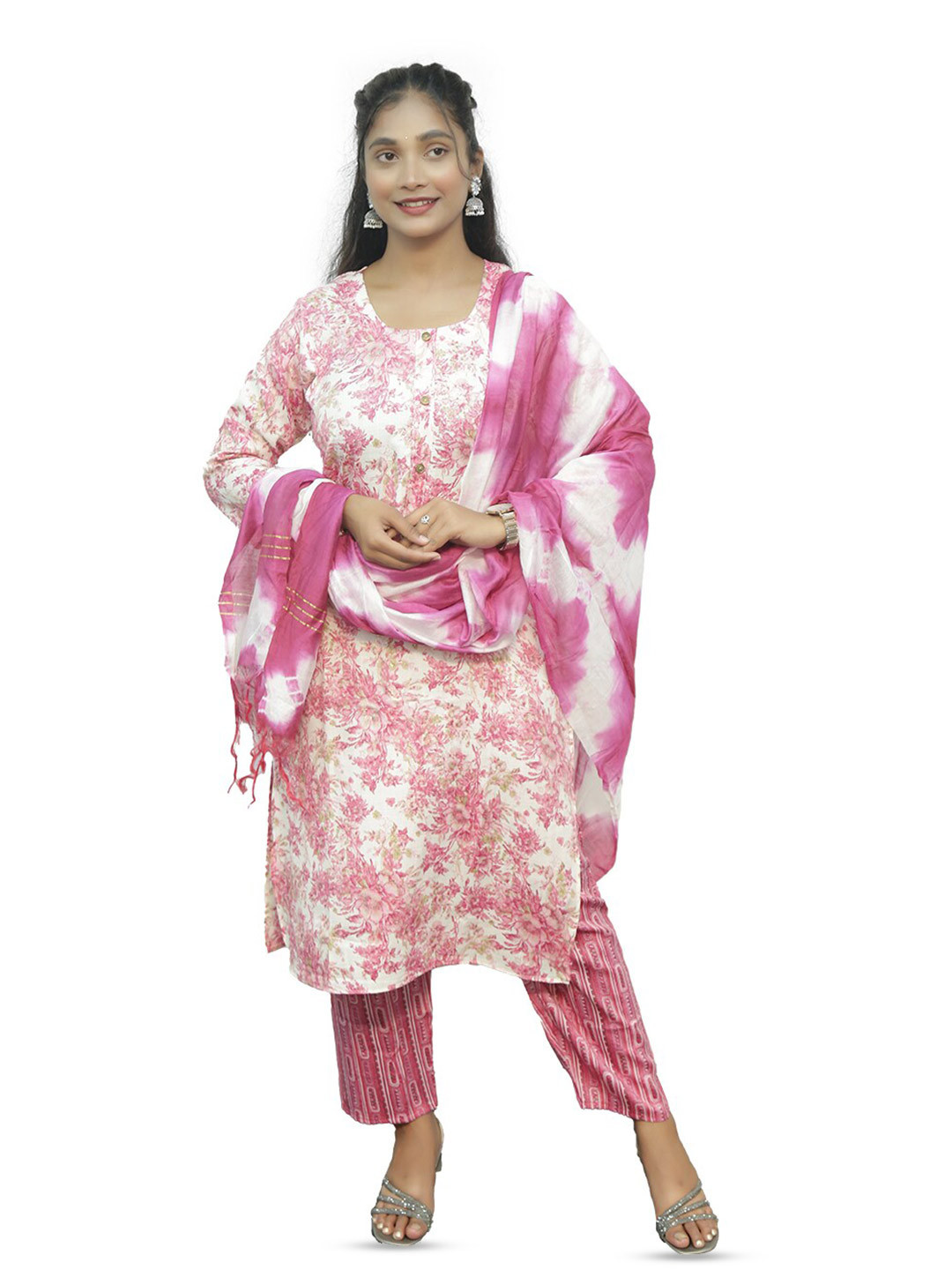 

PUSHKARA Floral Printed Pure Cotton Kurta & Trousers With Dupatta, Pink