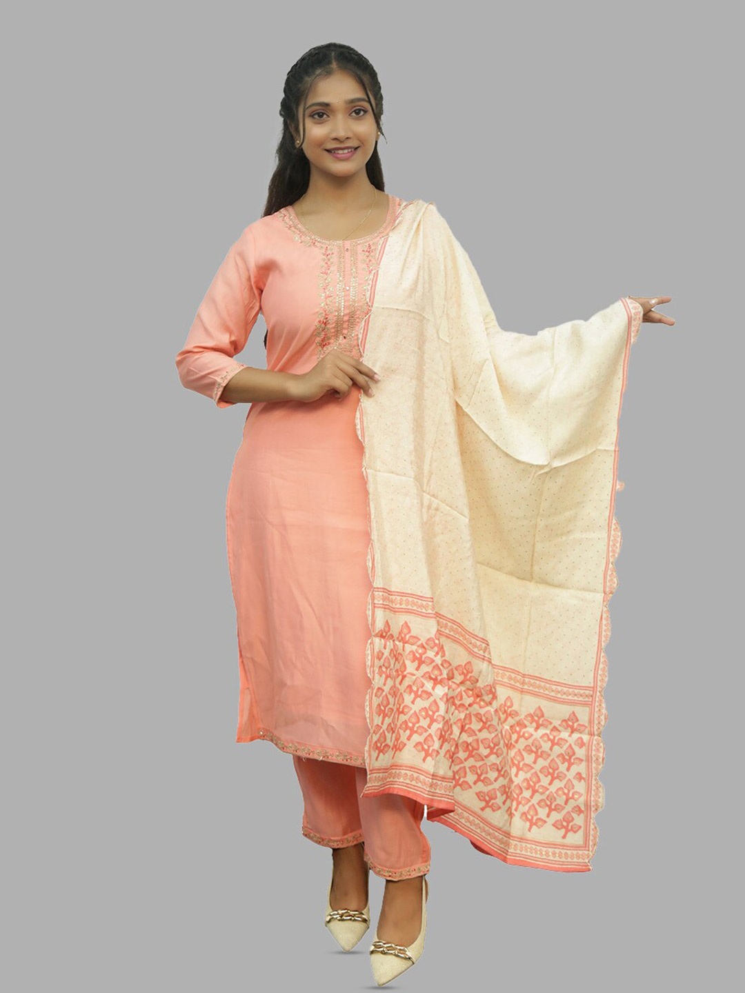 

PUSHKARA Pure Cotton Kurta & Trousers With Dupatta, Coral
