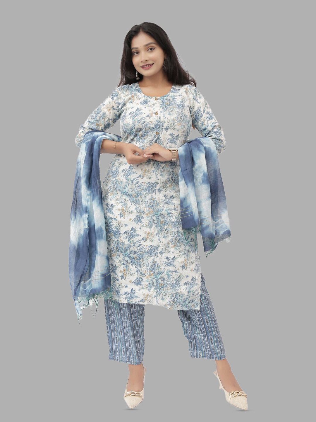

PUSHKARA Printed Pure Cotton Kurta & Trousers With Dupatta, Blue
