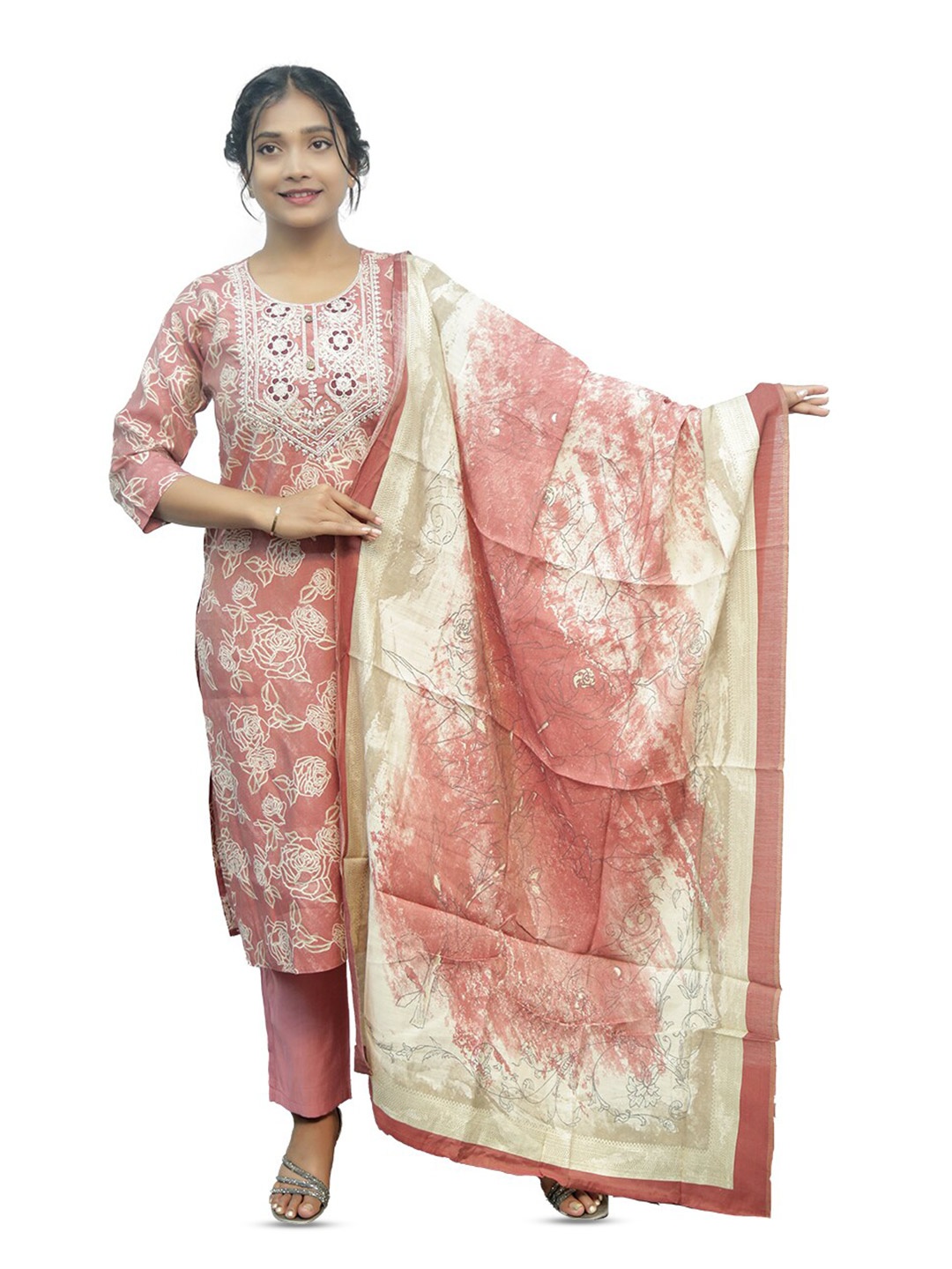 

PUSHKARA Floral Printed Pure Cotton Kurta & Trousers With Dupatta, Pink