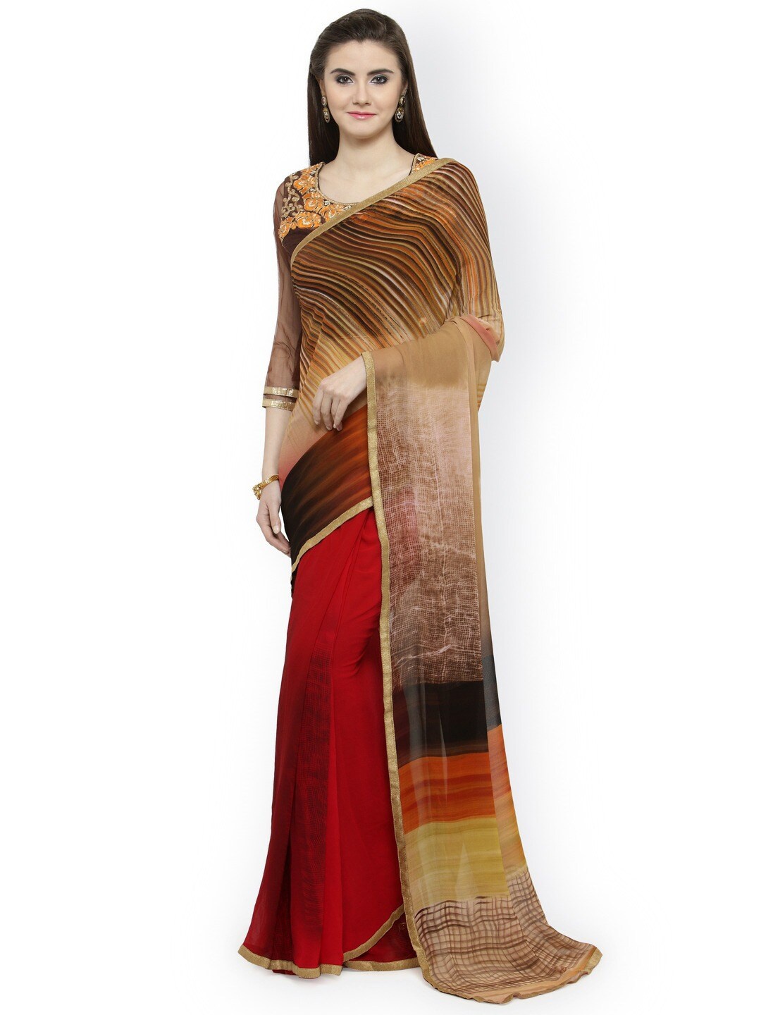 

KALINI Abstract Printed Half & Half Saree, Red