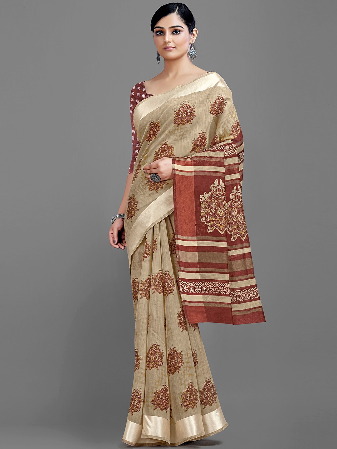 

KALINI Ethnic Motifs Printed Zari Detailed Saree, Beige