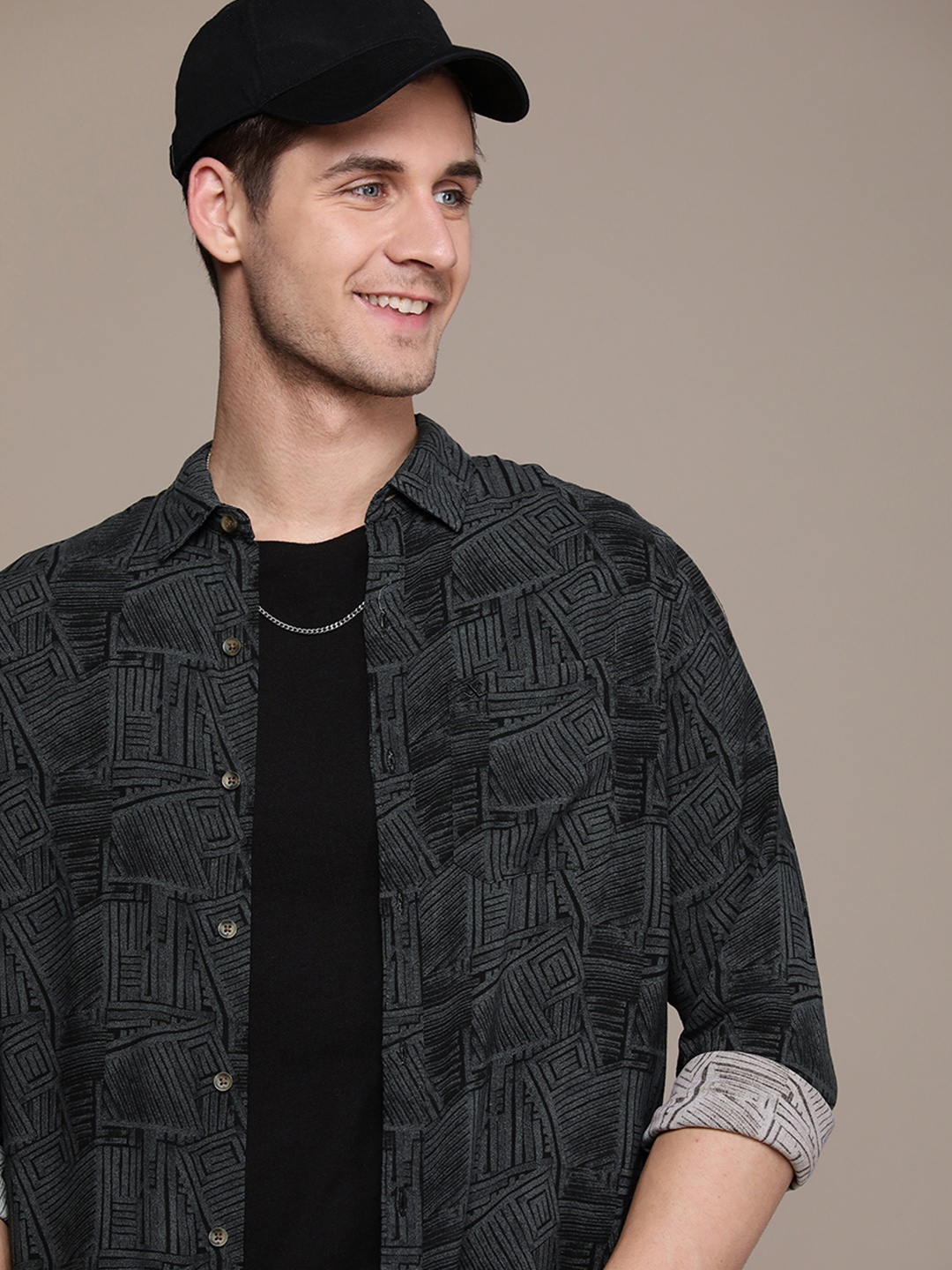 

WROGN Slim Fit Abstract Printed Casual Shirt, Grey