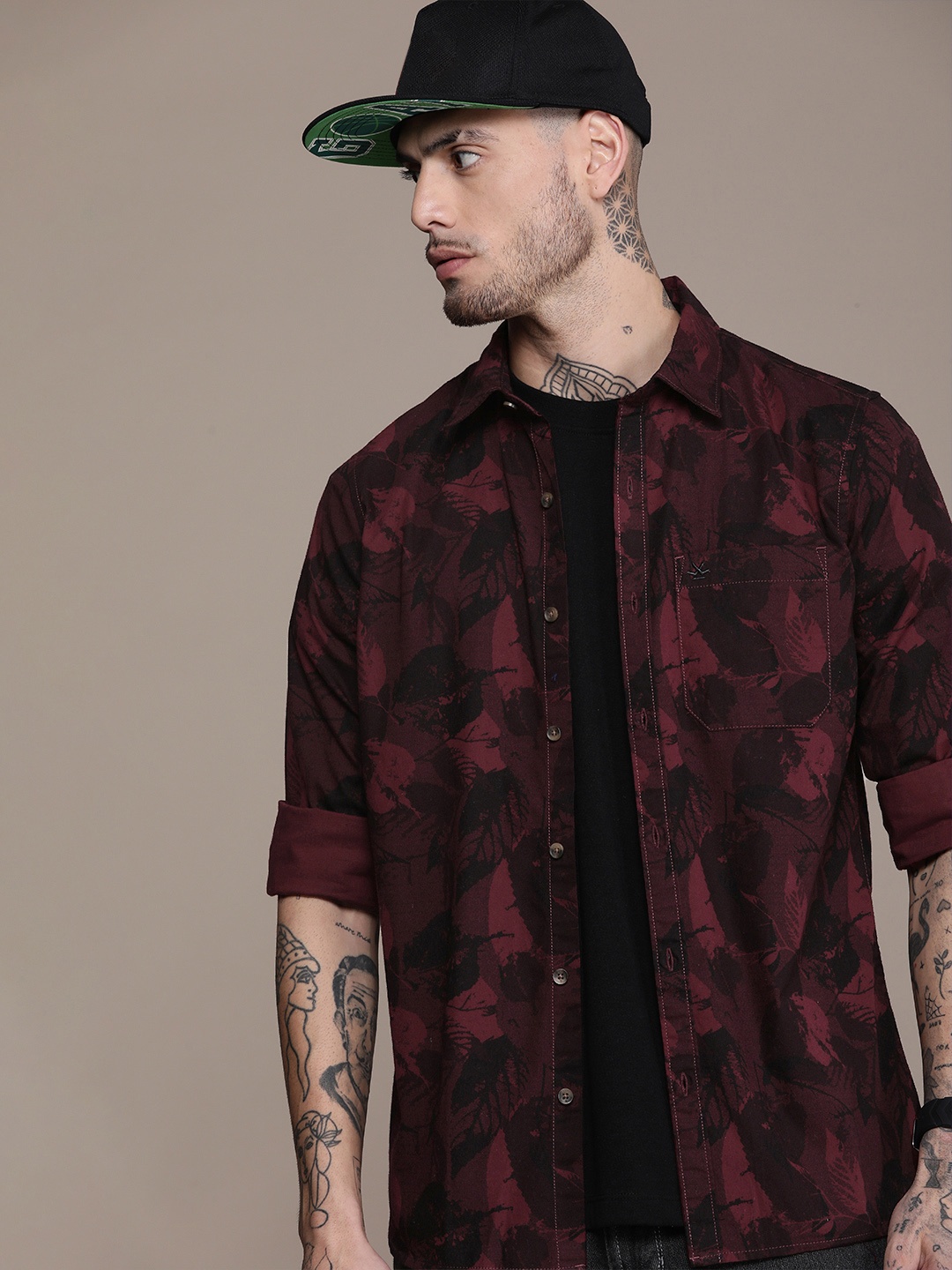

WROGN Slim Fit Printed Pure Cotton Casual Shirt, Maroon