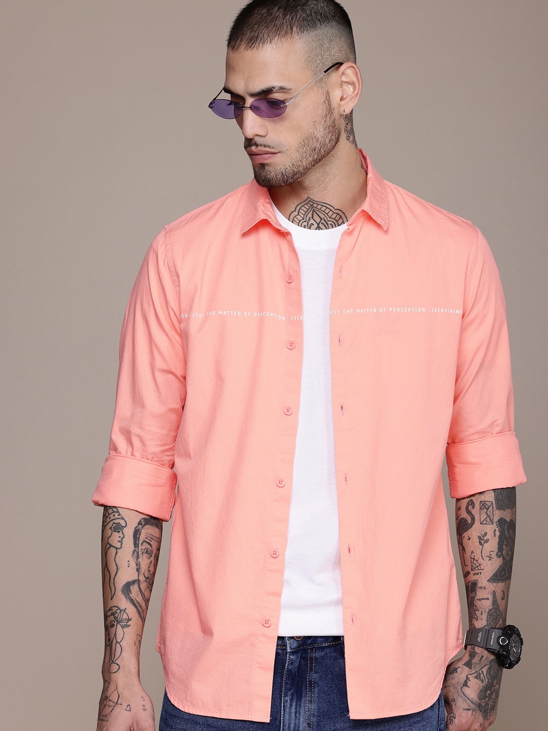 

WROGN Pure Cotton Minimal Printed Slim Fit Opaque Casual Shirt, Coral