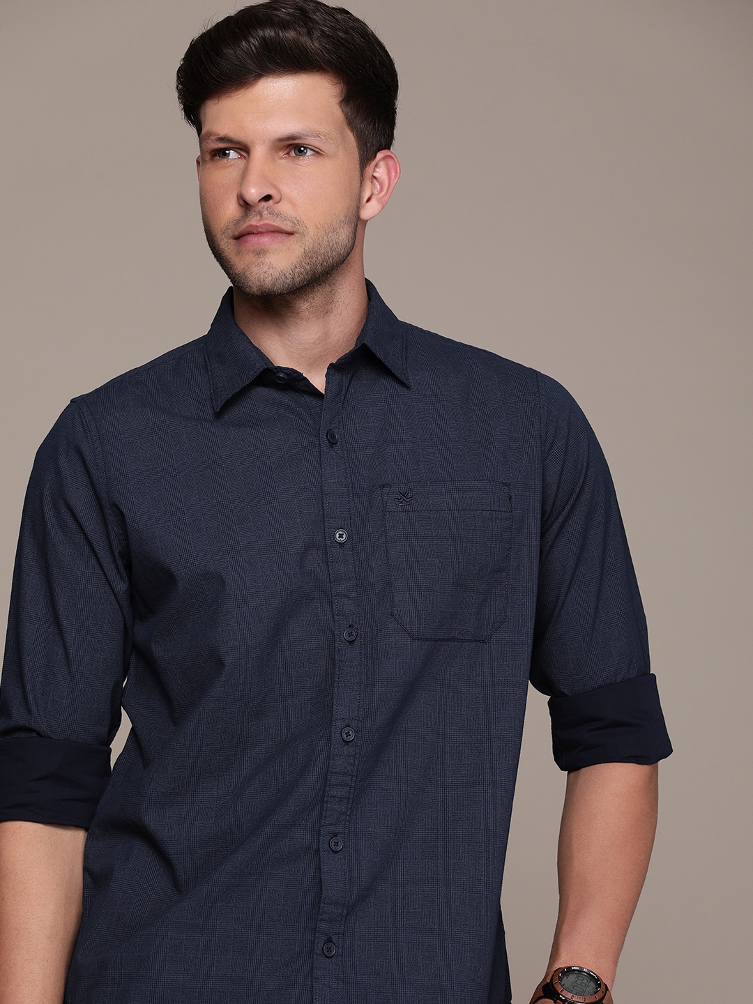 

WROGN Men Tartan Checks Pure Cotton Casual Shirt, Navy blue