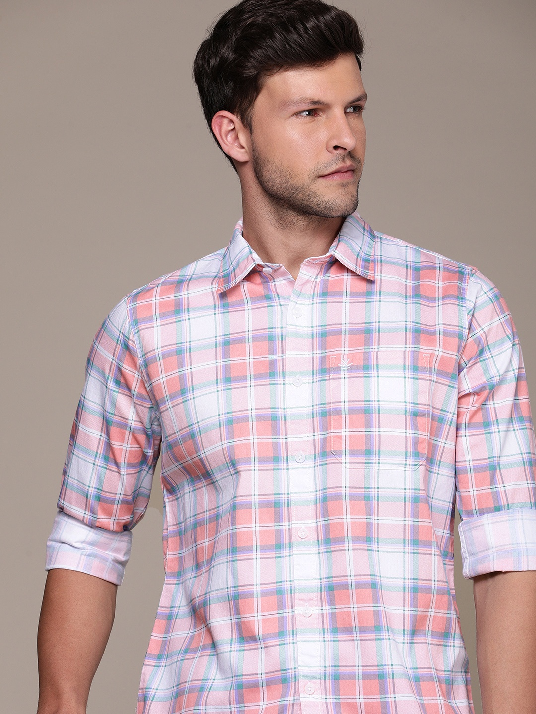 

WROGN Men Tartan Checks Pure Cotton Casual Shirt, Peach