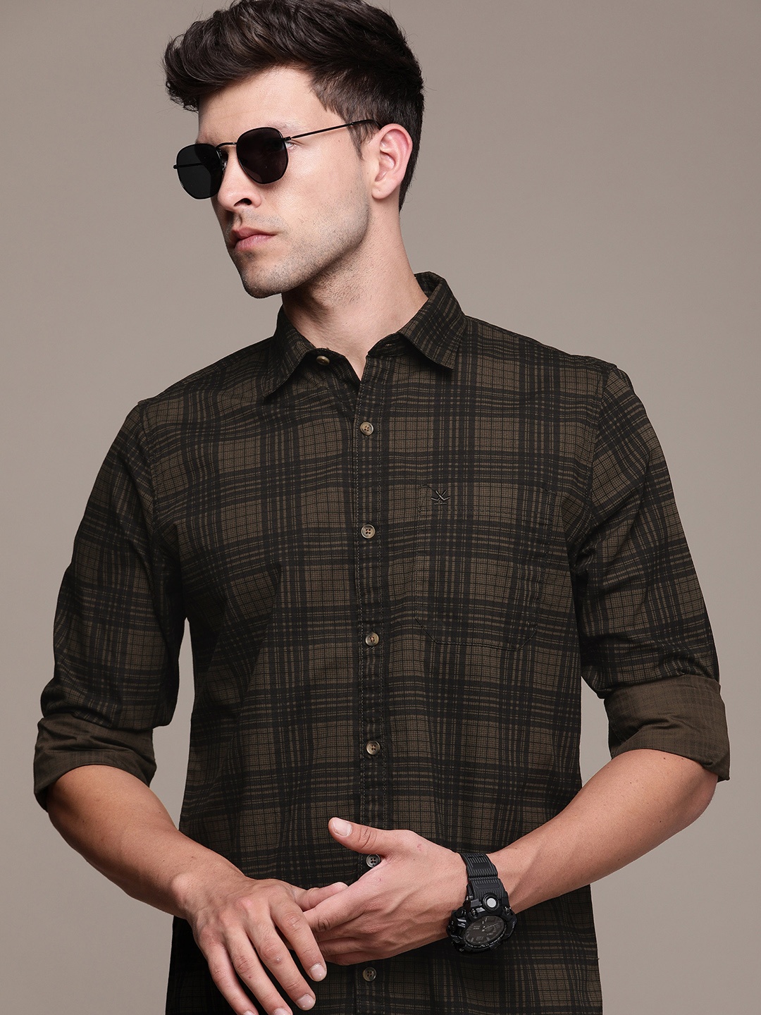 

WROGN Men Tartan Checks Pure Cotton Casual Shirt, Brown