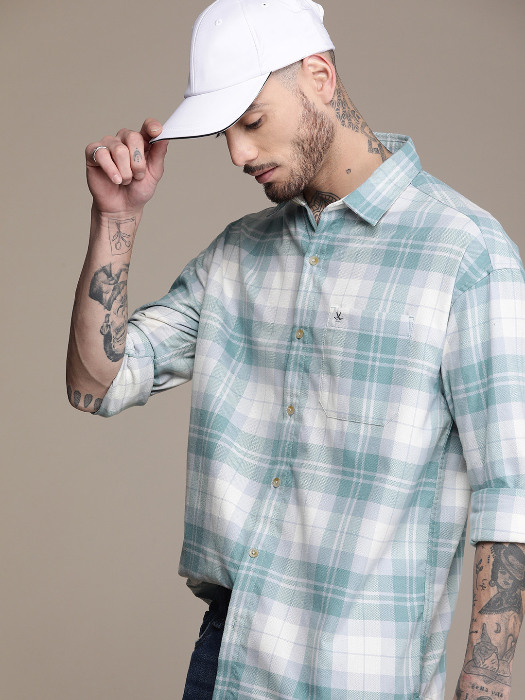 

WROGN Checked Drop-Shoulder Sleeves Oversized Casual Shirt, Green