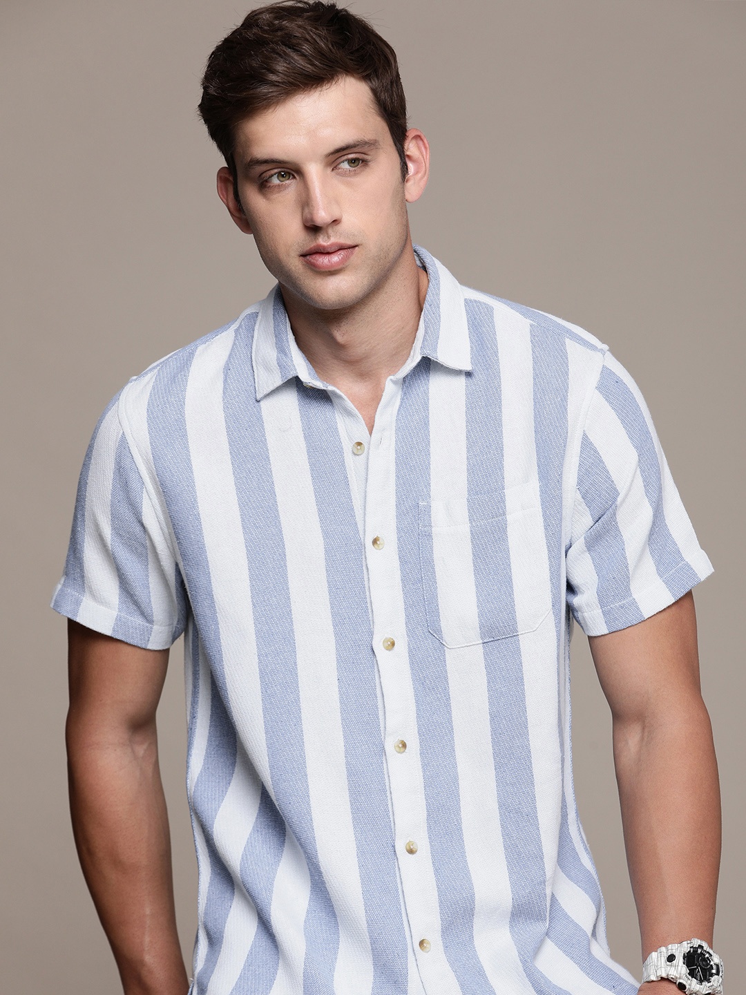 

WROGN Men Striped Casual Shirt, White
