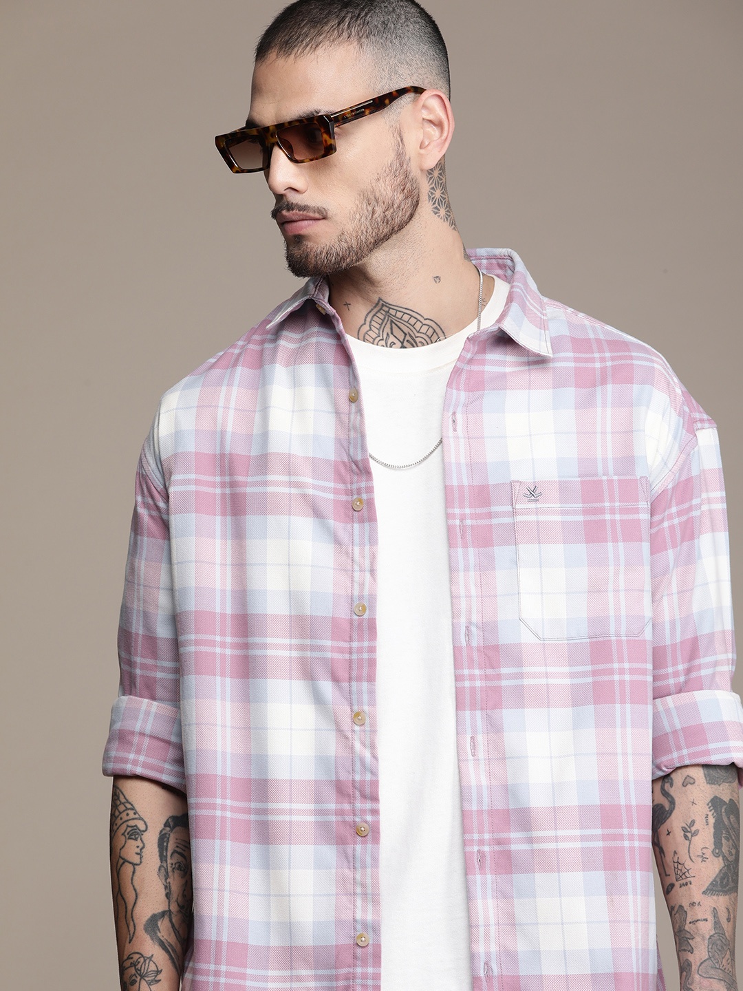 

WROGN Checked Drop-Shoulder Sleeves Oversized Casual Shirt, Pink