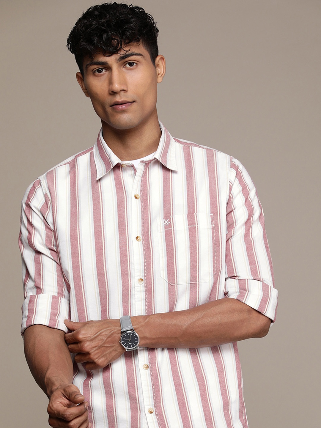 

WROGN Slim Fit Opaque Striped Casual Shirt, Maroon