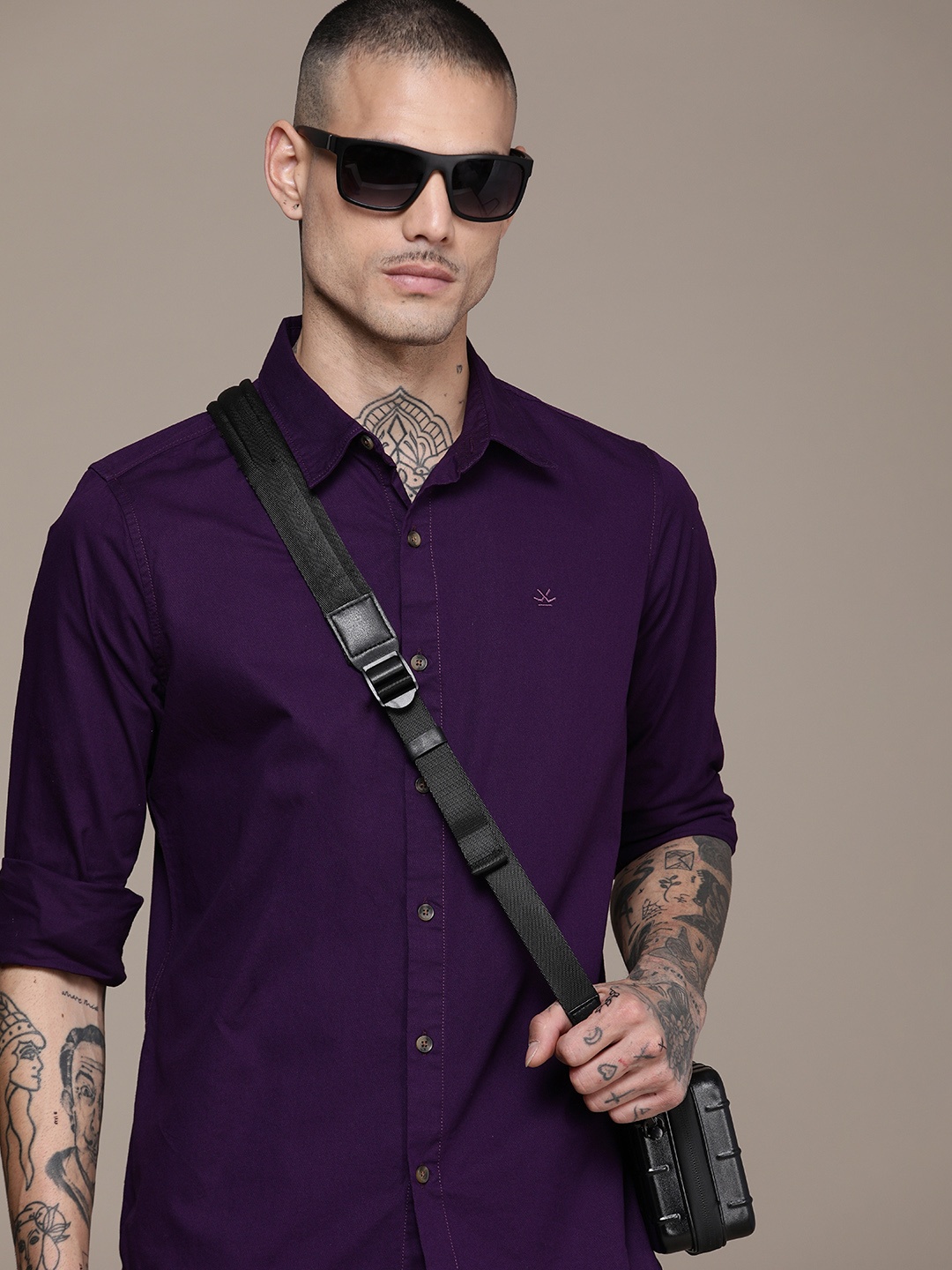 

WROGN Pure Cotton Slim Fit Casual Shirt, Purple