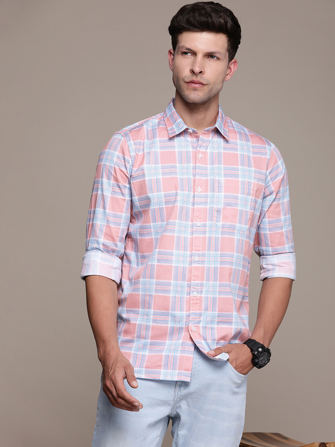 

WROGN Slim Fit Checked Pure Cotton Casual Shirt, Pink