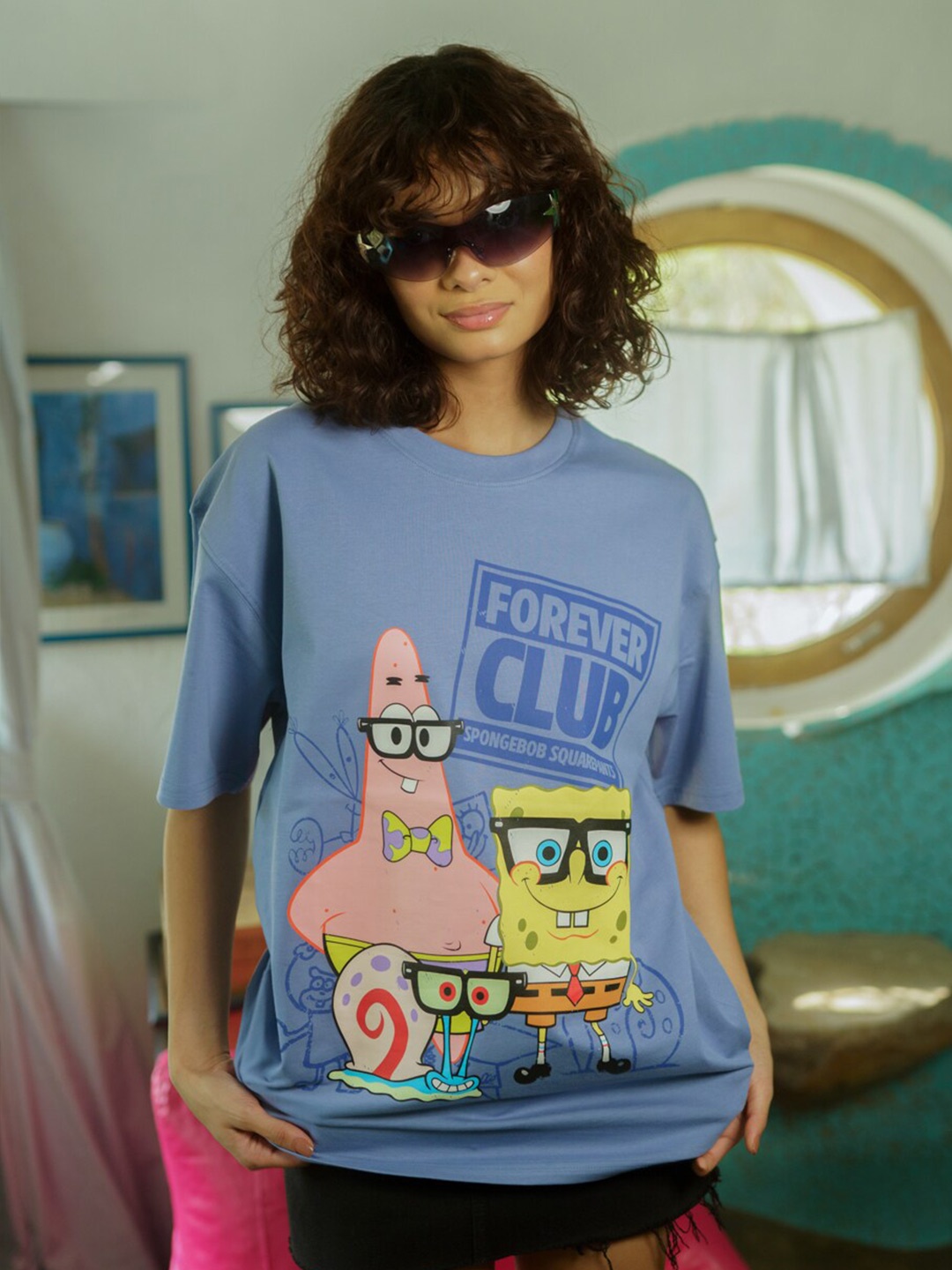 

Bonkers Corner Sponge Bob Printed Drop-Shoulder Cotton Oversized T-shirt, Blue
