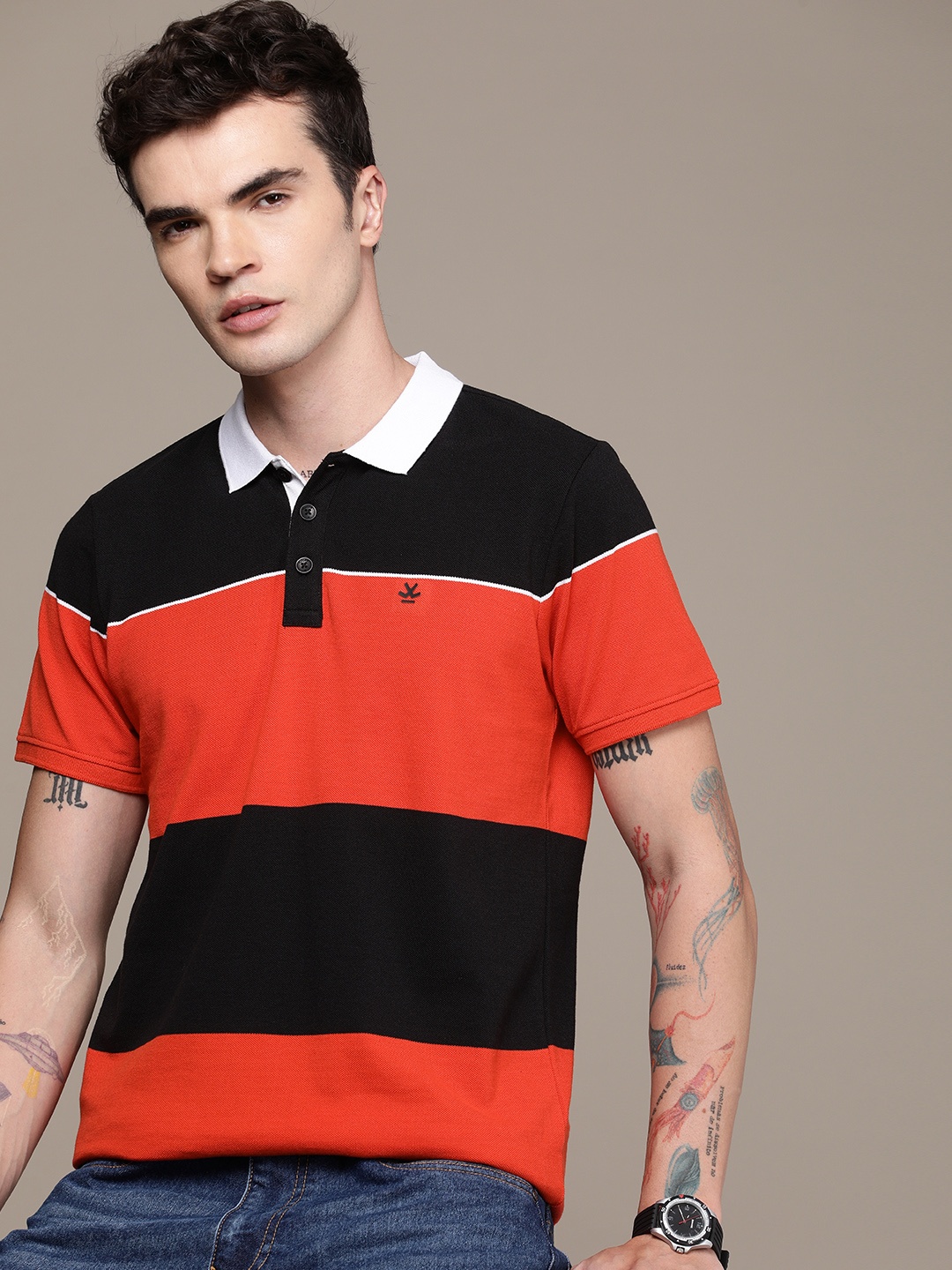 

WROGN Colourblocked Polo Collar Slim Fit T-shirt, Black