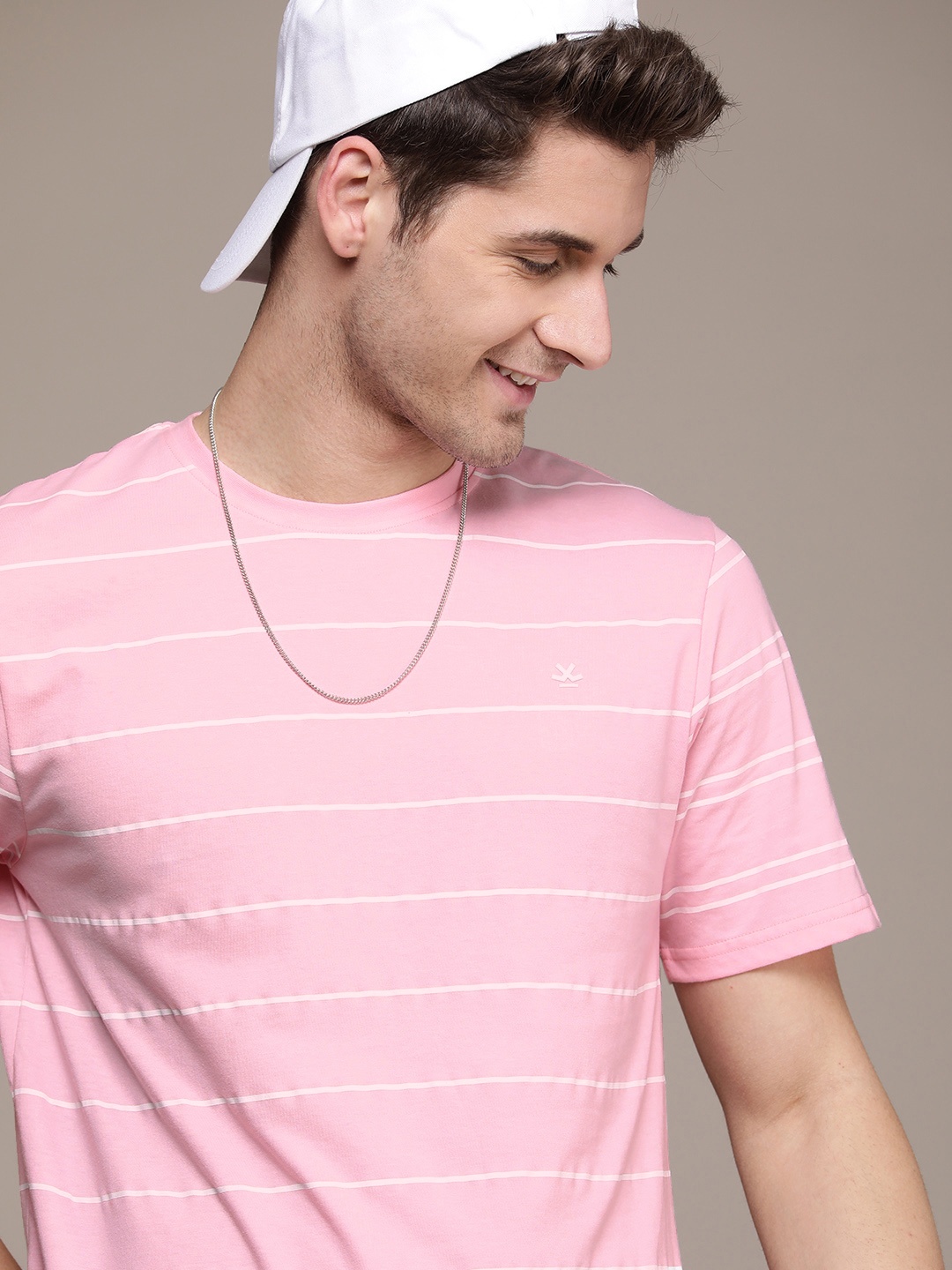 

WROGN Round Neck Short Sleeves Striped T-shirt, Pink