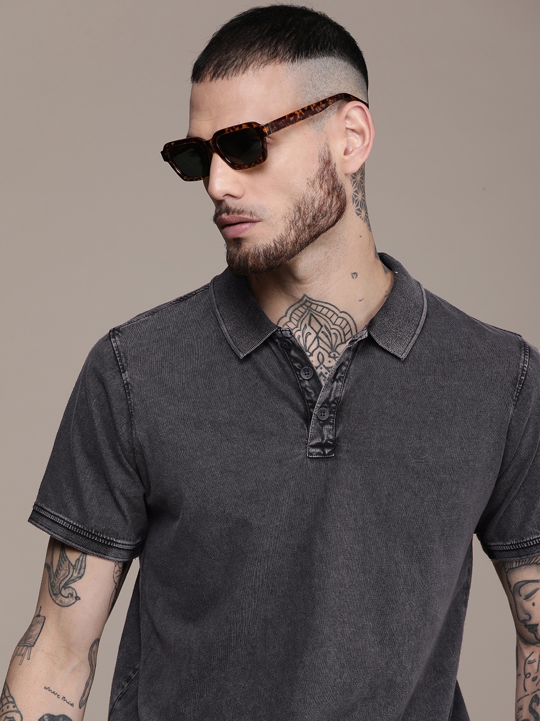 

WROGN Pure Cotton Polo Collar Slim Fit T-shirt, Grey