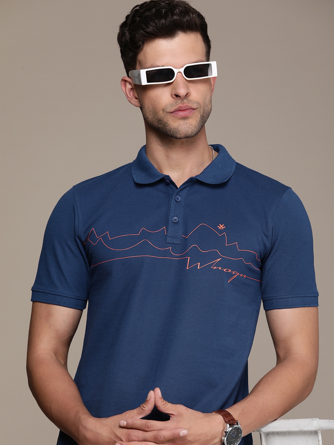 

WROGN Men Polo Collar Pure Cotton T-shirt, Navy blue