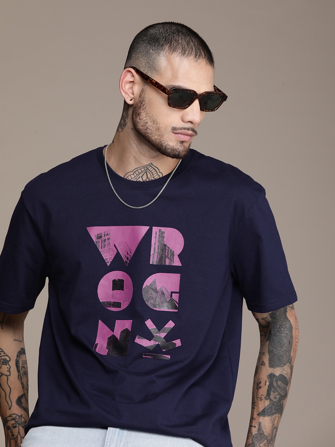 

WROGN Printed Drop-Shoulder Sleeves Oversized T-shirt, Navy blue