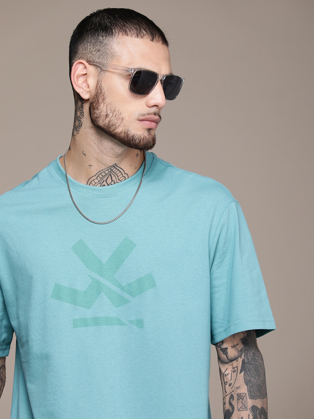 

WROGN Brand Logo Printed Slim Fit Oversized Casual T-shirt, Sea green