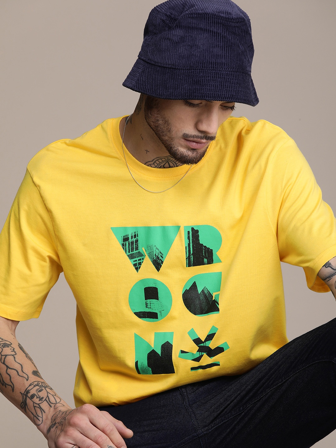 

WROGN Brand Logo Printed Drop-Shoulder Sleeves Oversized T-shirt, Yellow