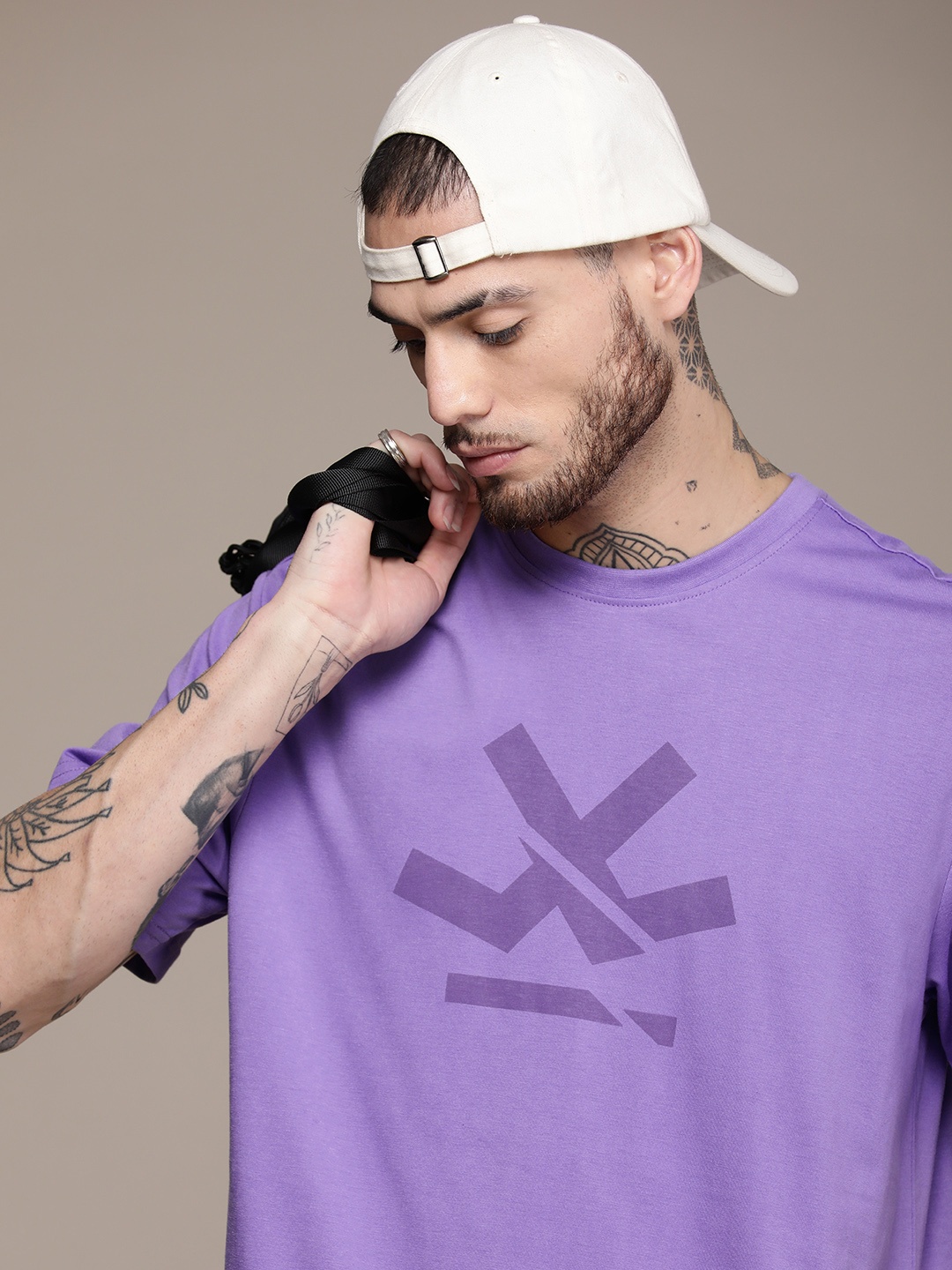 

WROGN Brand Logo Printed Drop-Shoulder Sleeves Oversized T-shirt, Violet