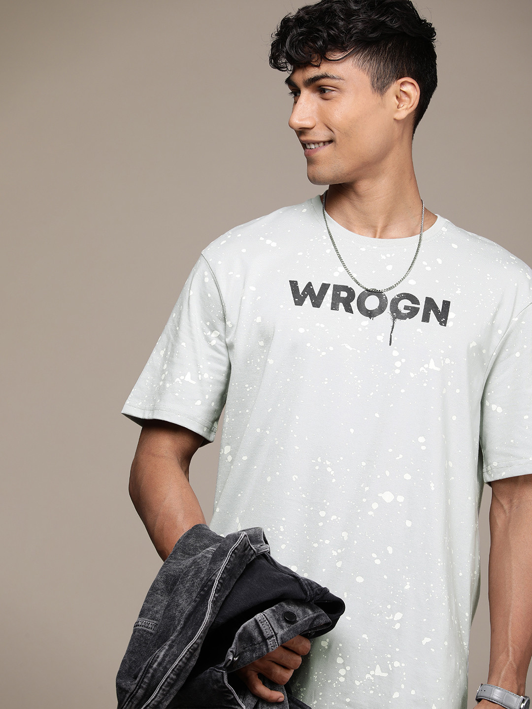 

WROGN Abstract & Brand Logo Printed Drop-Shoulder Oversized T-shirt, Grey