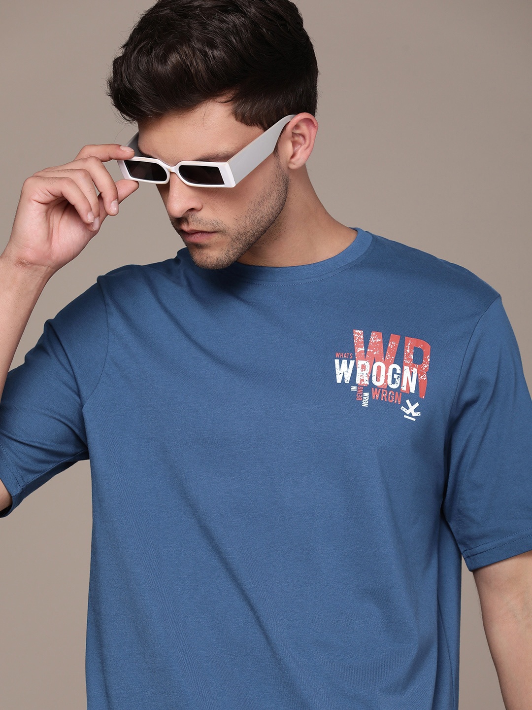 

WROGN Brand Logo Printed Casual T-shirt, Blue