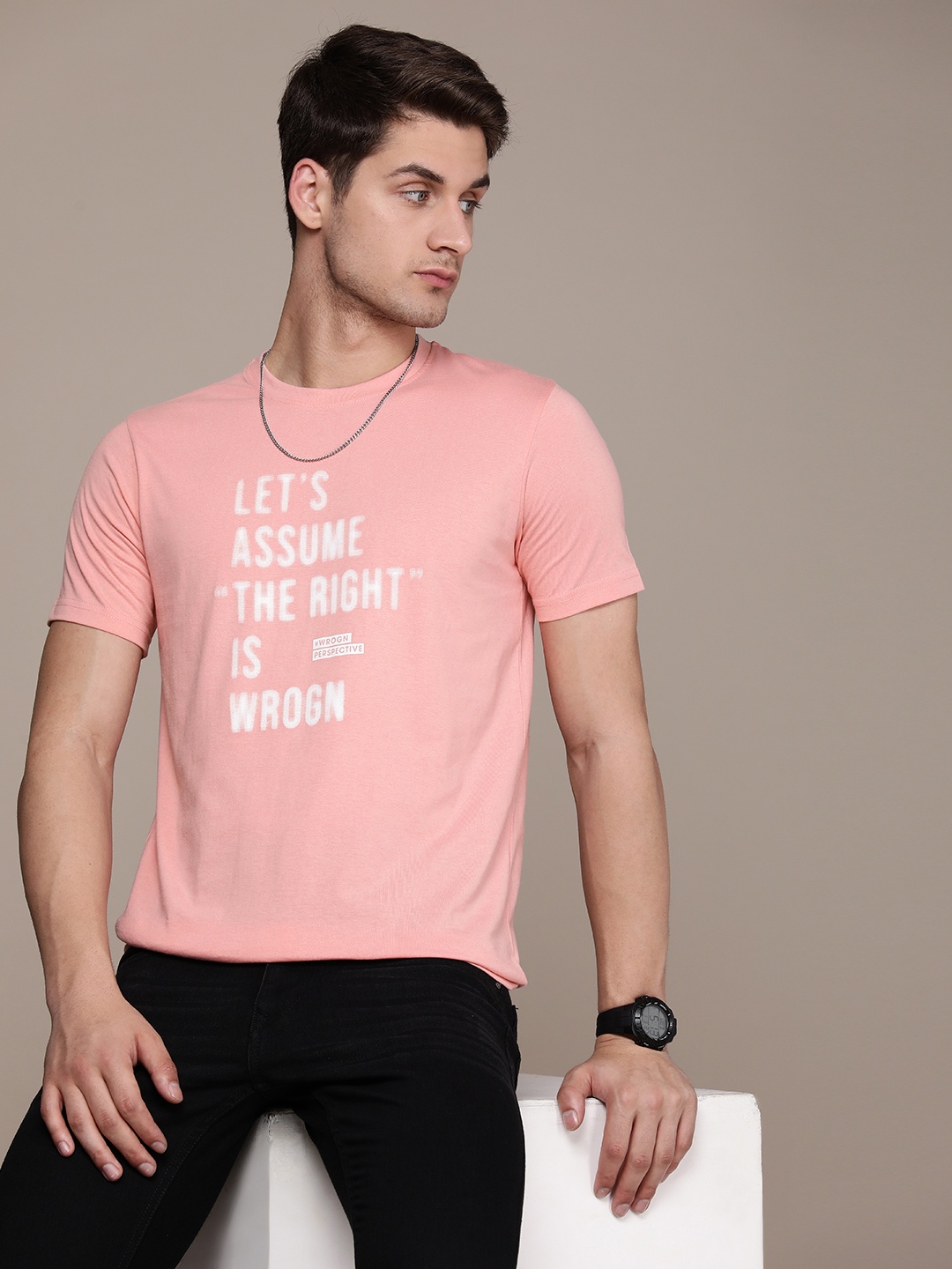 

WROGN Men Typography Printed Slim Fit T-shirt, Pink