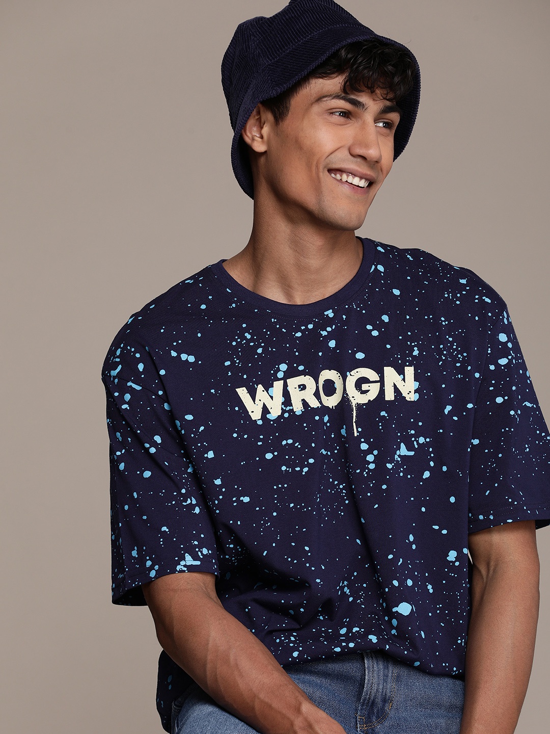 

WROGN Abstract Printed Drop-Shoulder Sleeves Casual T-shirt, Blue