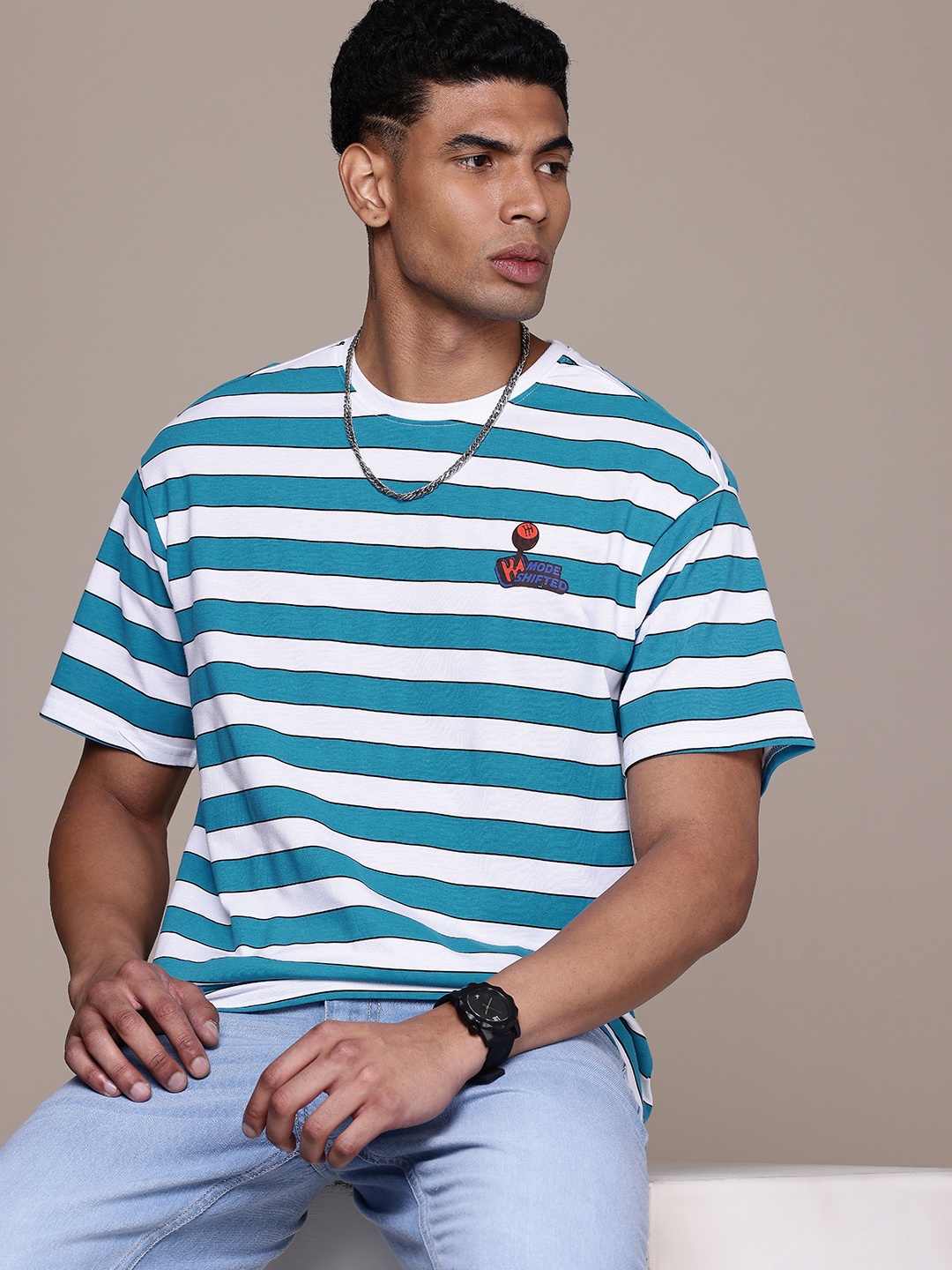 

WROGN Striped Drop-Shoulder Sleeves Pure Cotton Oversized T-shirt, Blue