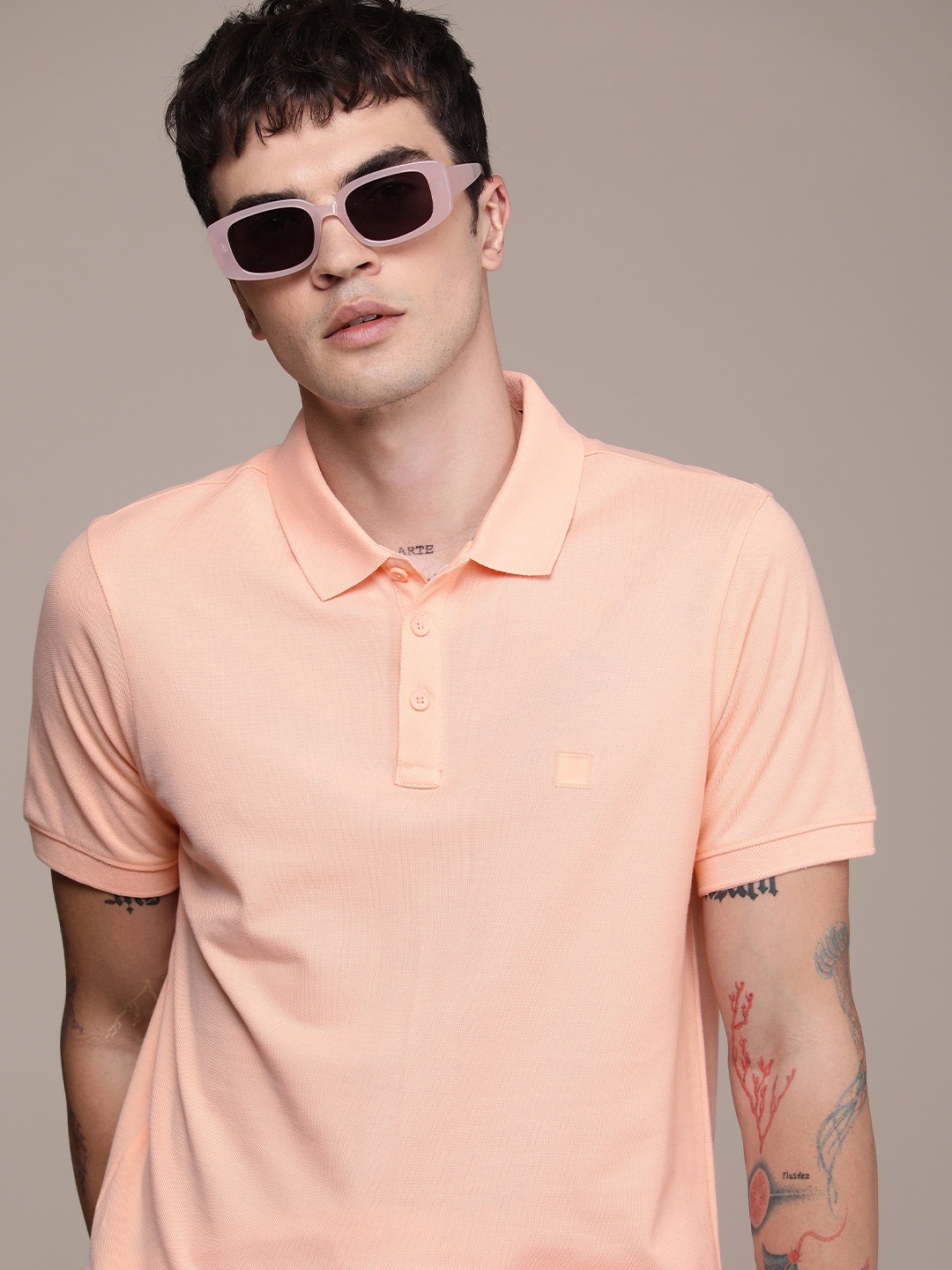 

WROGN Men Polo Collar Pure Cotton T-shirt, Peach