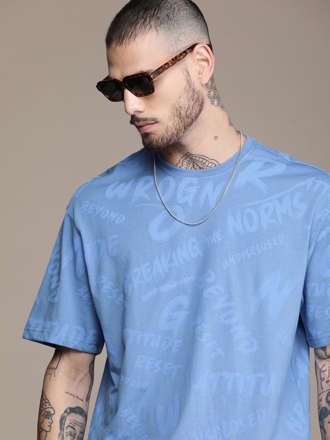 

WROGN Typography Printed Drop-Shoulder Sleeves Oversized T-shirt, Blue