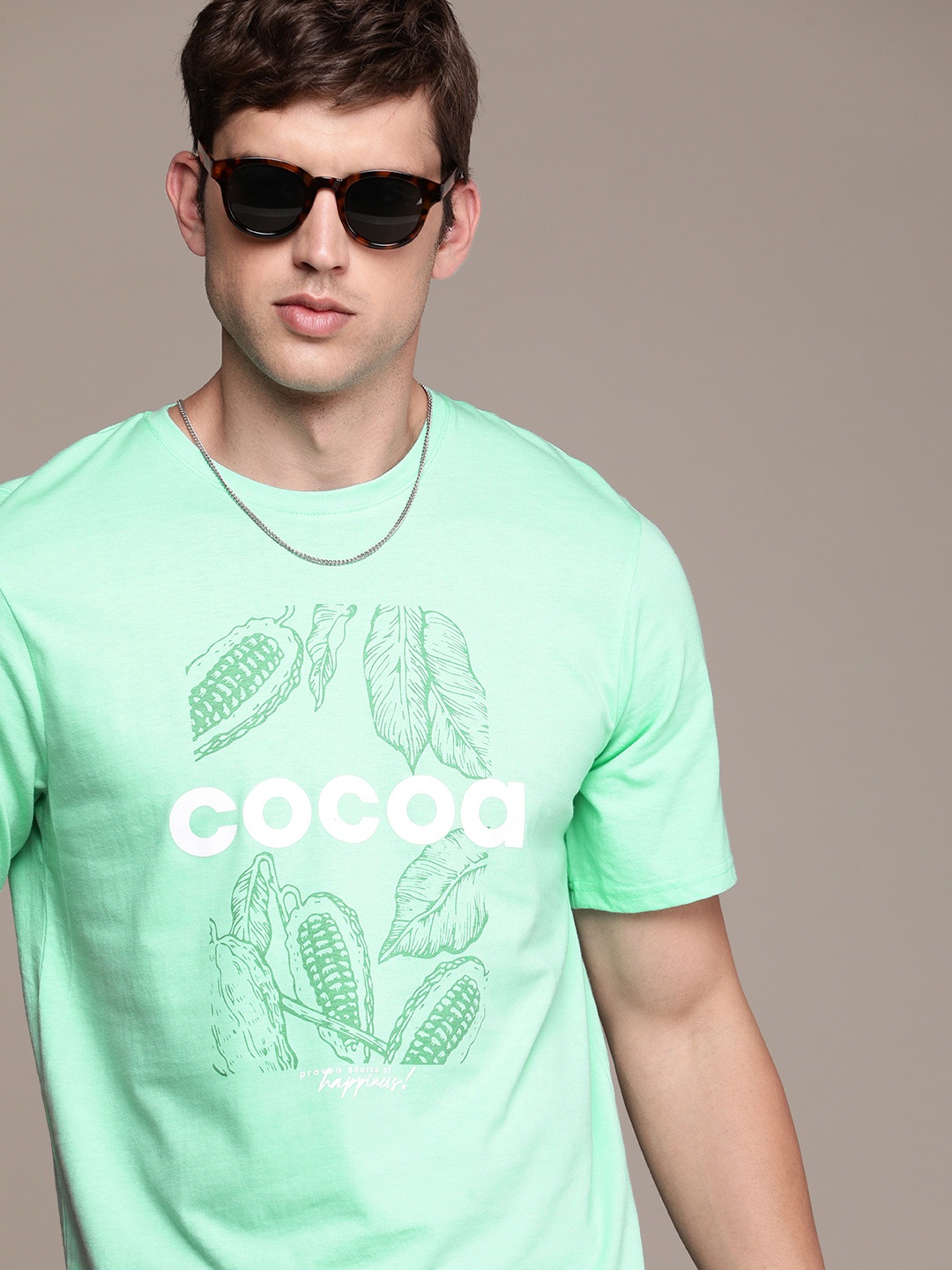 

WROGN Men Typography Printed Pure Cotton T-shirt, Green