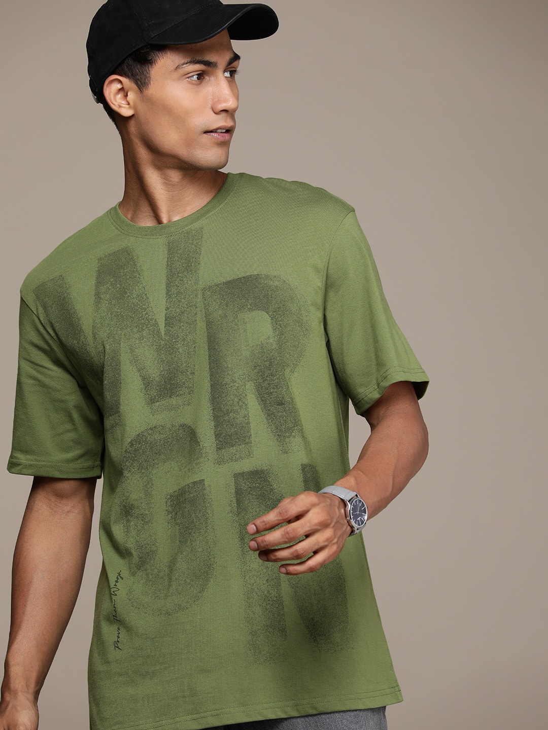 

WROGN Brand Logo Printed Drop-Shoulder Oversized T-shirt, Green