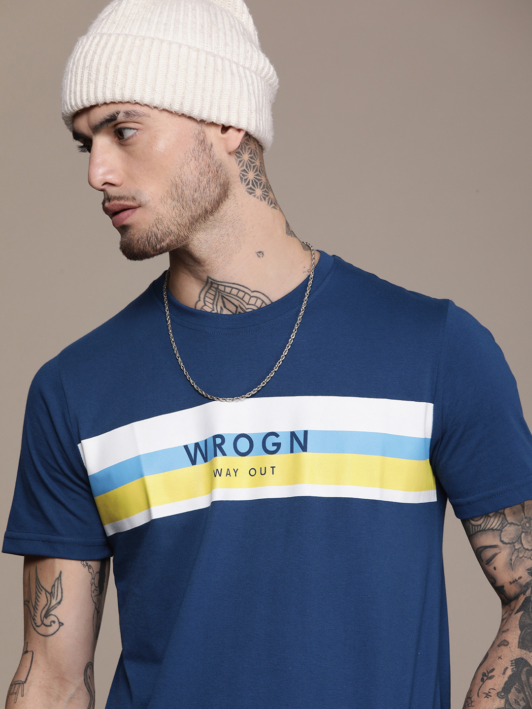 

WROGN Men Multi Stripes & Brand Logo Print Knitted Slim Fit T-shirt, Blue