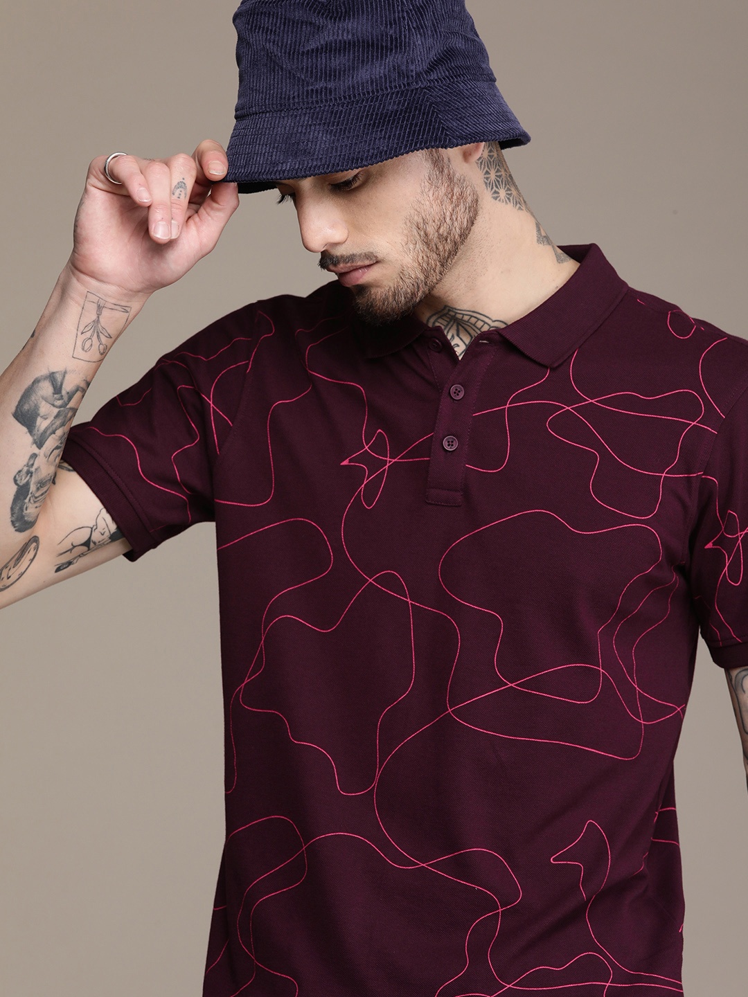 

WROGN Printed Polo Collar Slim Fit T-shirt, Maroon