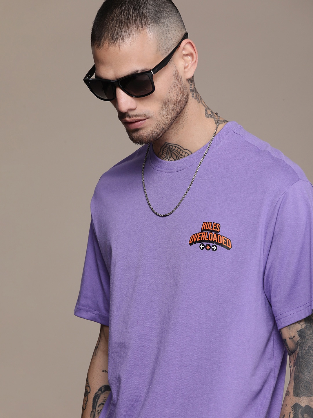 

WROGN Men Typography Placement Print Drop-Shoulder Sleeves Oversized T-shirt, Purple