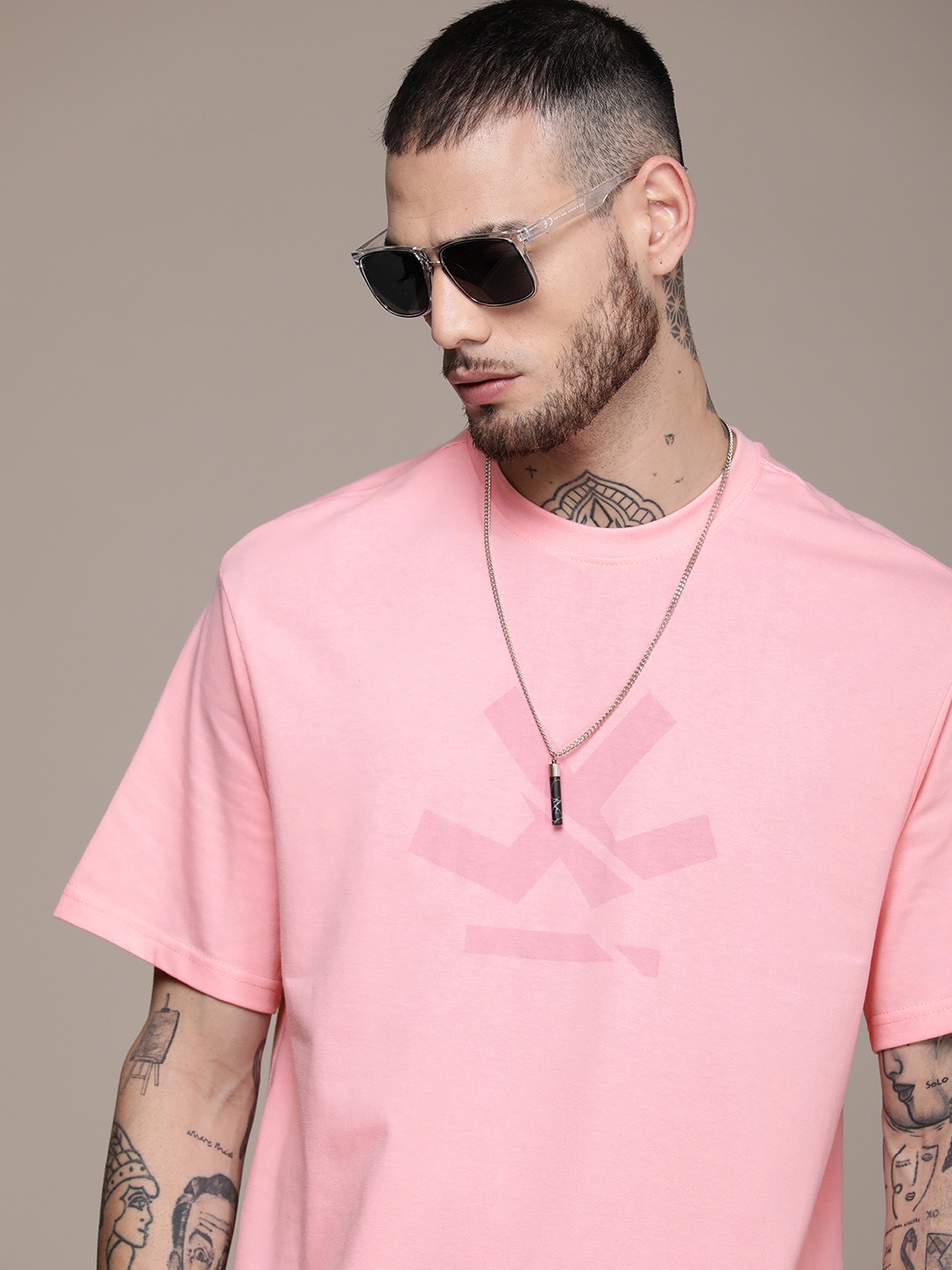 

WROGN Brand Logo Printed Slim Fit Oversized Casual T-shirt, Pink