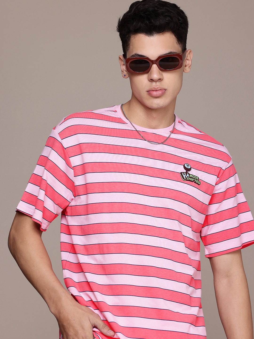 

WROGN Drop-Shoulder Sleeves Striped Oversized T-shirt, Pink