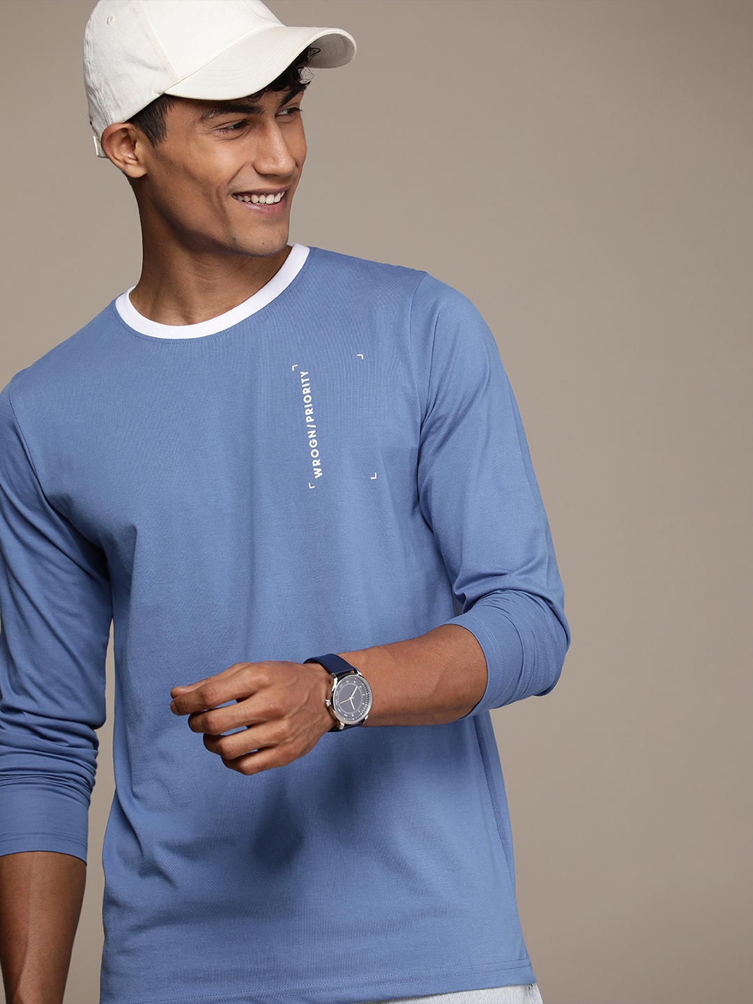 

WROGN Solid With Typography Detail Long Sleeves Slim Fit T-shirt, Blue