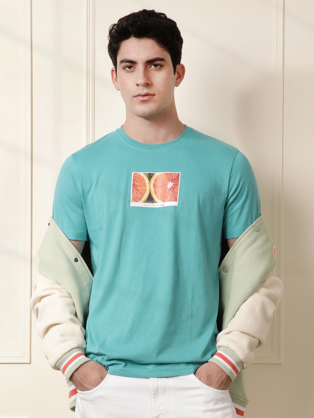 

WROGN Men Printed Pure Cotton T-shirt, Sea green