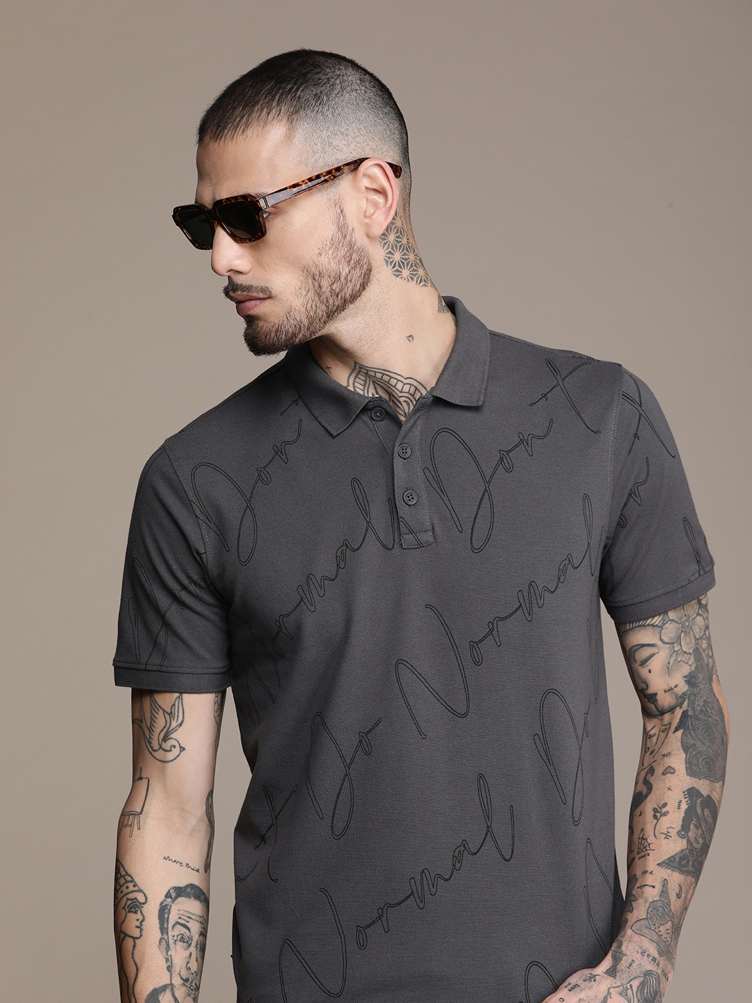 

WROGN Typography Printed Polo Collar Slim Fit T-shirt, Grey
