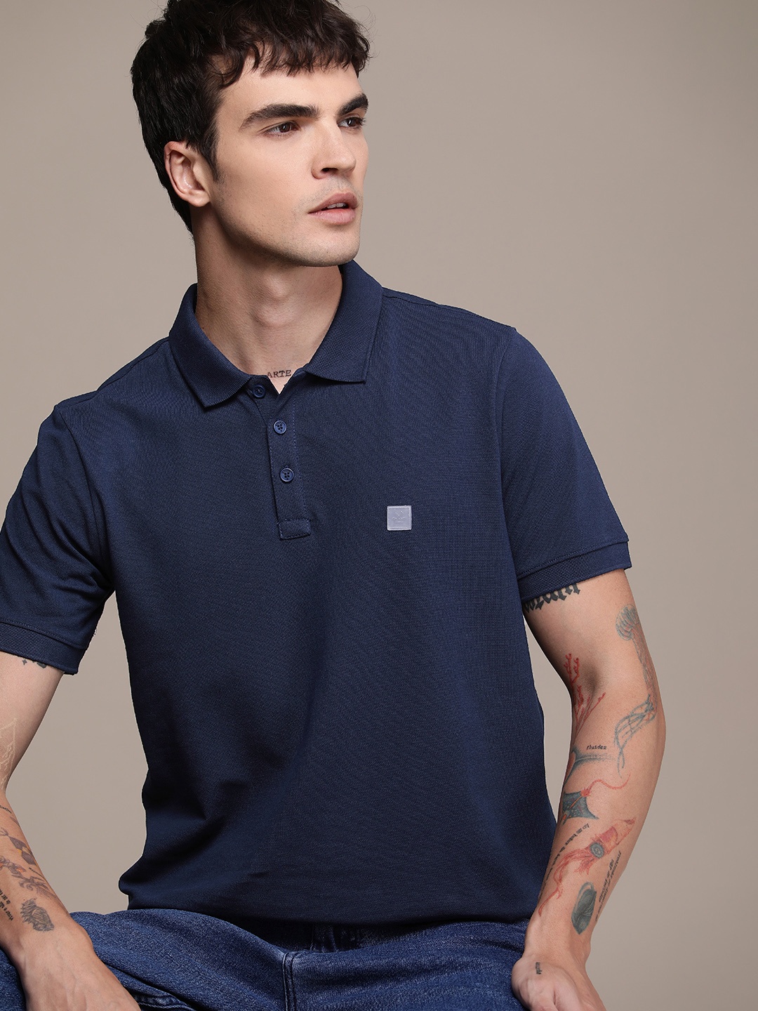 

WROGN Men Polo Collar Pure Cotton T-shirt, Navy blue