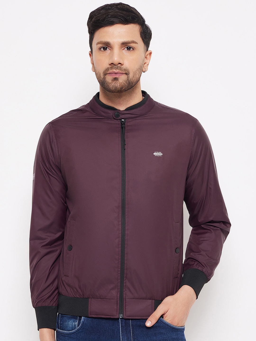 

Okane Mock Collar Long Sleeves Lightweight Bomber Jacket, Burgundy
