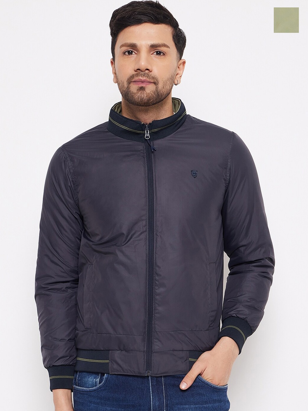 

Okane Stand Collar Reversible Bomber Jacket, Charcoal