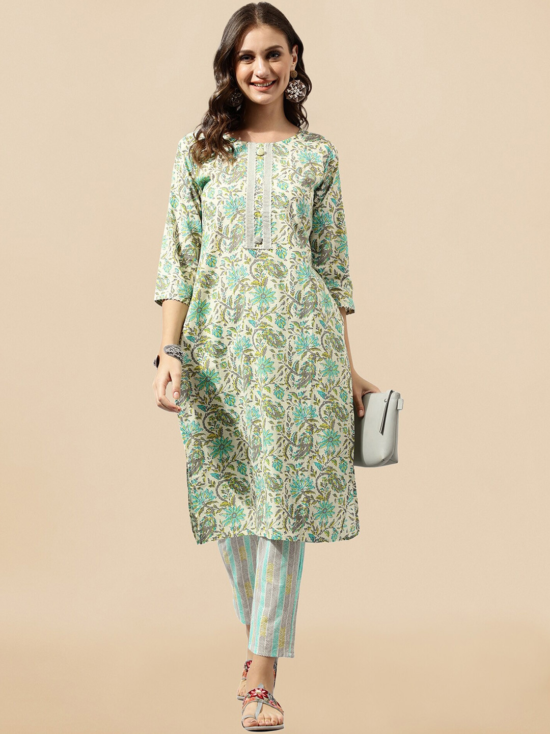 

KALINI Floral Printed Regular Gotta Patti Pure Cotton Kurta With Trousers, Cream